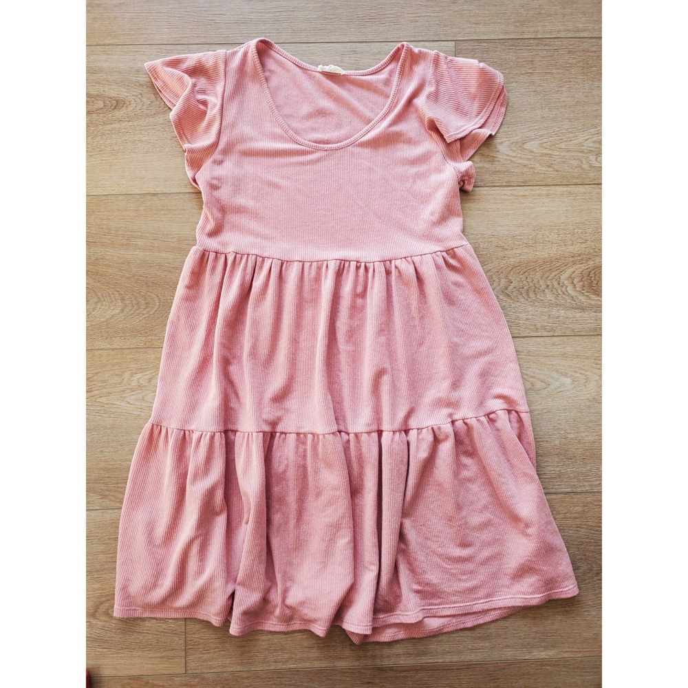 See You Monday Pink Ribbed Tiered Babydoll Dress Flutter Sleeve, Kids XL